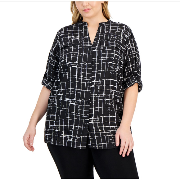 Calvin Klein Mandarin Collar Roll Tab Blouse Black White Combo Plus Size 3X - Picture 1 of 1